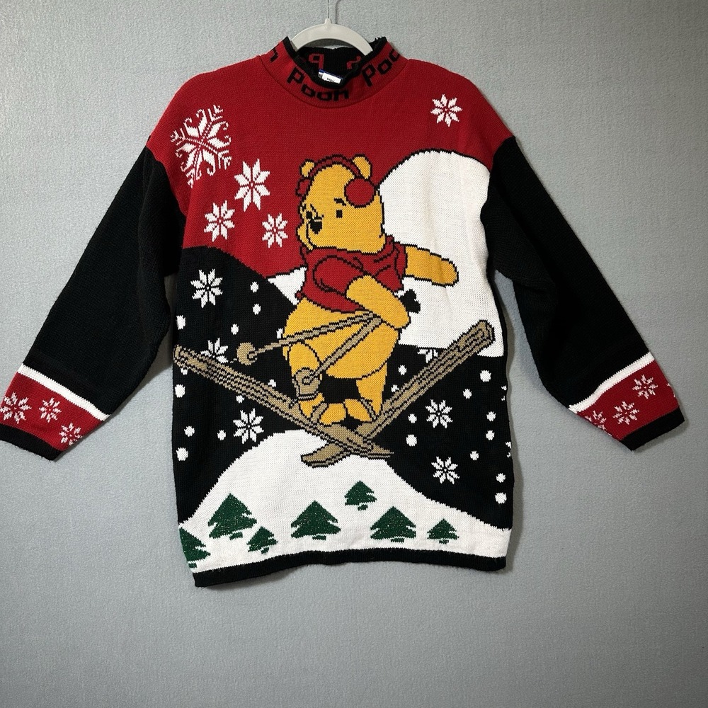 Vtg Winnie the Pooh Sweater Tunic Small Ski Pullover Disney Christmas USA 90's